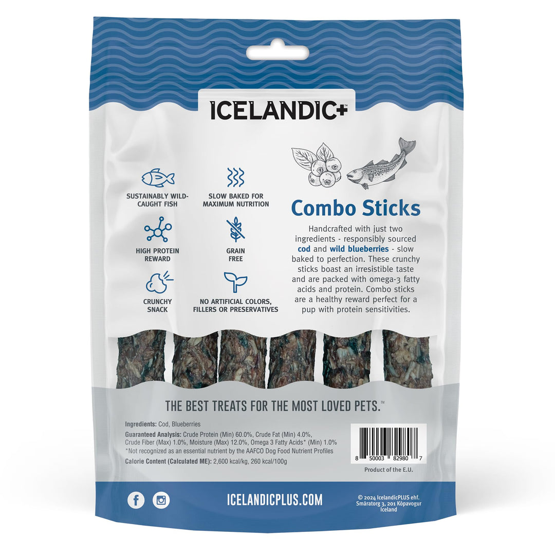 Icelandic+ 6 Count Cod &amp; Blueberry Combo Sticks - Crunchy Dog Treats