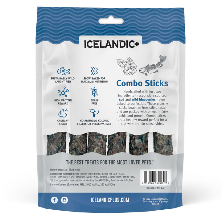 Icelandic+ 6 Count Cod &amp; Blueberry Combo Sticks - Crunchy Dog Treats