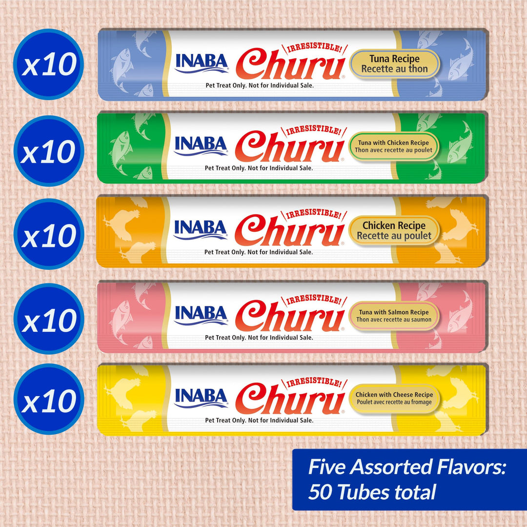 INABA Churu Cat Treats, Lickable, Squeezable Creamy Purée Cat Treat with Green Tea Extract &amp; Taurine, 0.5 Ounces Each Tube, 50 Tubes, Tuna &amp; Chicken Variety