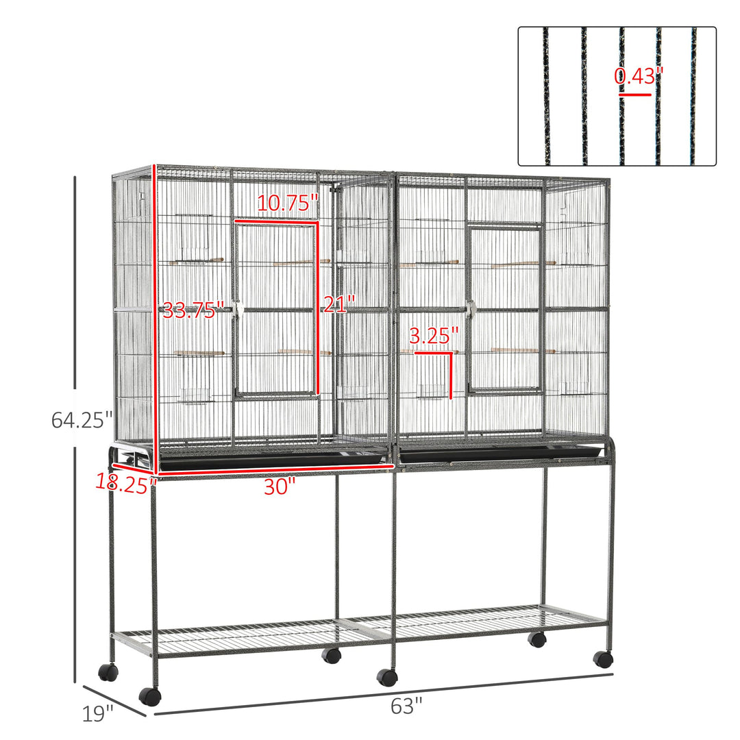 PawHut 65" Double Rolling Metal Bird Cage with Divider, Large Parrot Cage for Parakeet, Canaries, Lovebirds, Budgie, Finch, with Detachable Rolling Stand, Storage Shelf, Wood Perch &amp; Food Container