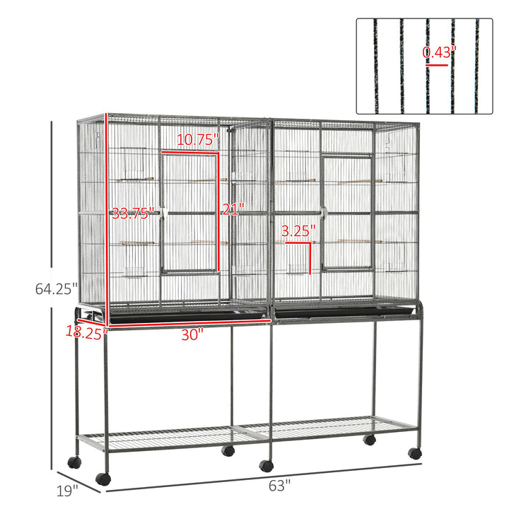 PawHut 65" Double Rolling Metal Bird Cage with Divider, Large Parrot Cage for Parakeet, Canaries, Lovebirds, Budgie, Finch, with Detachable Rolling Stand, Storage Shelf, Wood Perch &amp; Food Container