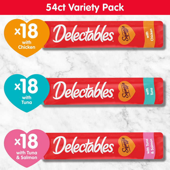 Delectables Squeeze Up Handheld Lickable Treats, Chicken, (Tuna and Tuna and Salmon) 54 Count