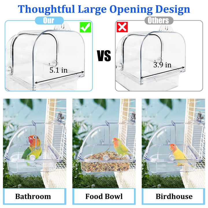 Tfwadmx Bird Cage Bath Hanging Parrot Bath Tub Water Shower Food Feeder Holder Tray Bird Bath Supplies for Small Birds Canary Budgies Cockatiel Lovebirds (Transparent)