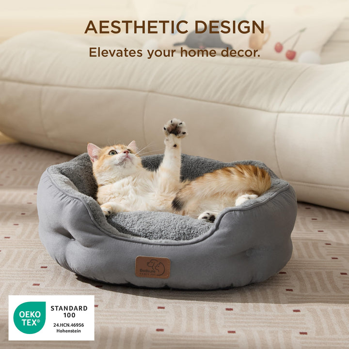 Bedsure Self Warming Cat Bed,Round Washable Small Dog Bed, 20In Grey