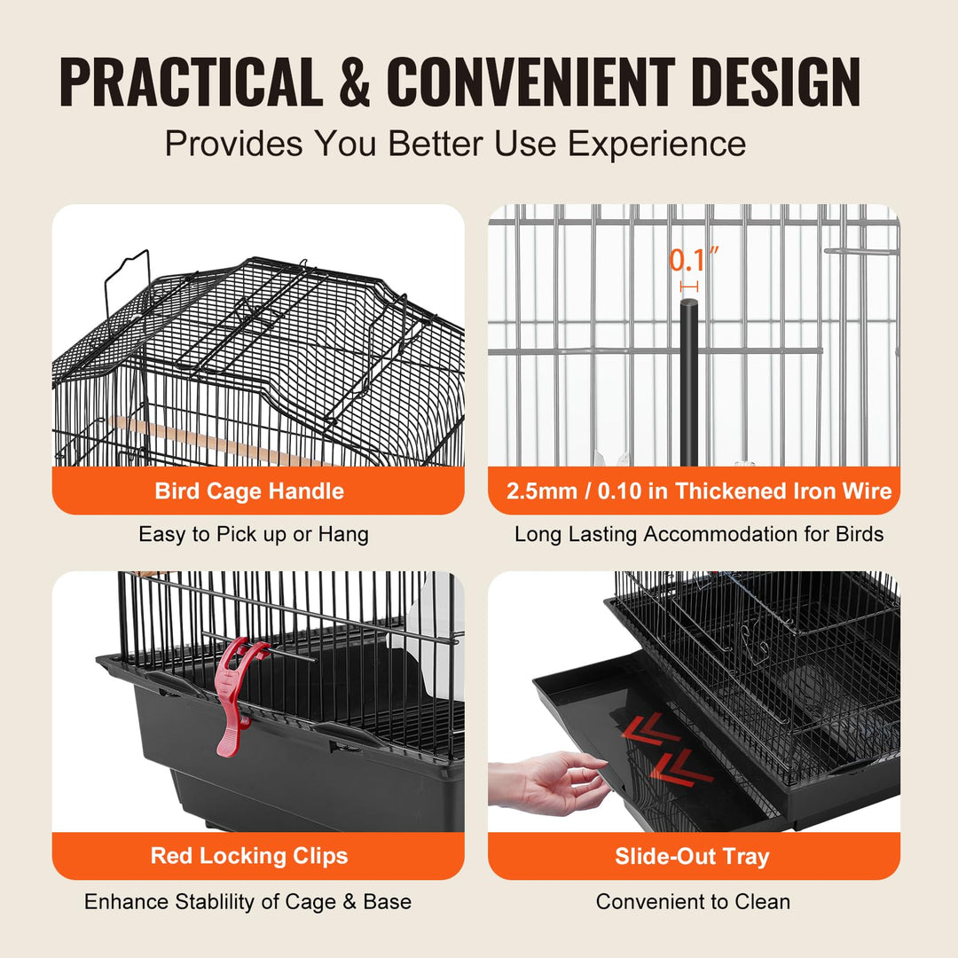 VEVOR 41-inch Open Top Large Parrot Bird Cage, Hanging Bird Cage for Parakeets Finches Canaries Lovebirds Cockatiels Budgies Small Quaker Conures Travel Pet Flight Birdcage with Swing and Perch