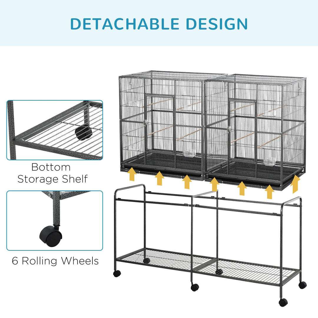 PawHut 65" Double Rolling Metal Bird Cage with Divider, Large Parrot Cage for Parakeet, Canaries, Lovebirds, Budgie, Finch, with Detachable Rolling Stand, Storage Shelf, Wood Perch &amp; Food Container