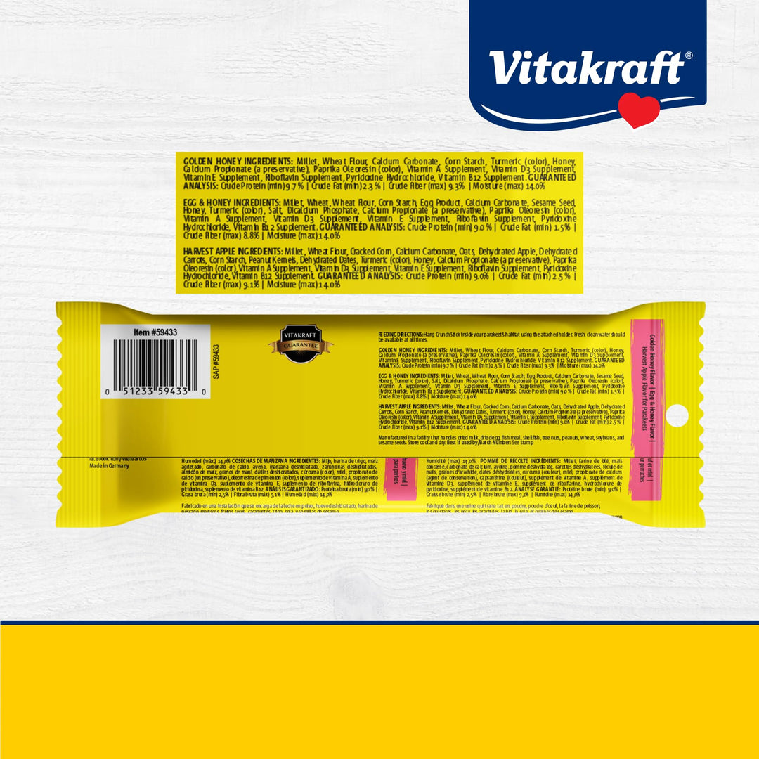 Vitakraft Crunch Sticks Parakeet Treat - Triple-Baked Millet Parakeet Treats with Natural Wood Center - Crunchy &amp; Nutritious Bird Treat Sticks for Small Animals (12 Count, Honey, Egg, and Apple)