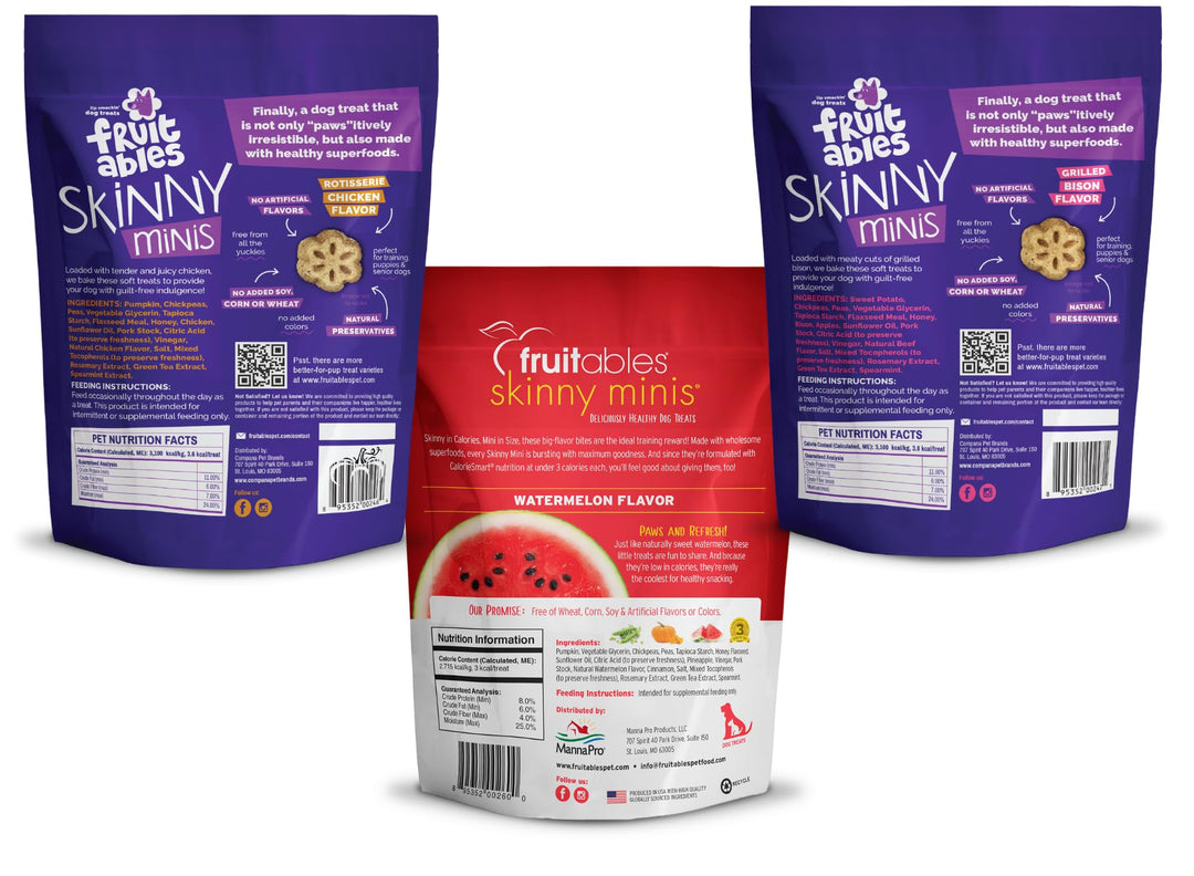 Fruitables Skinny Minis Dog Treats Variety Bison, Watermelon, Chicken 5oz