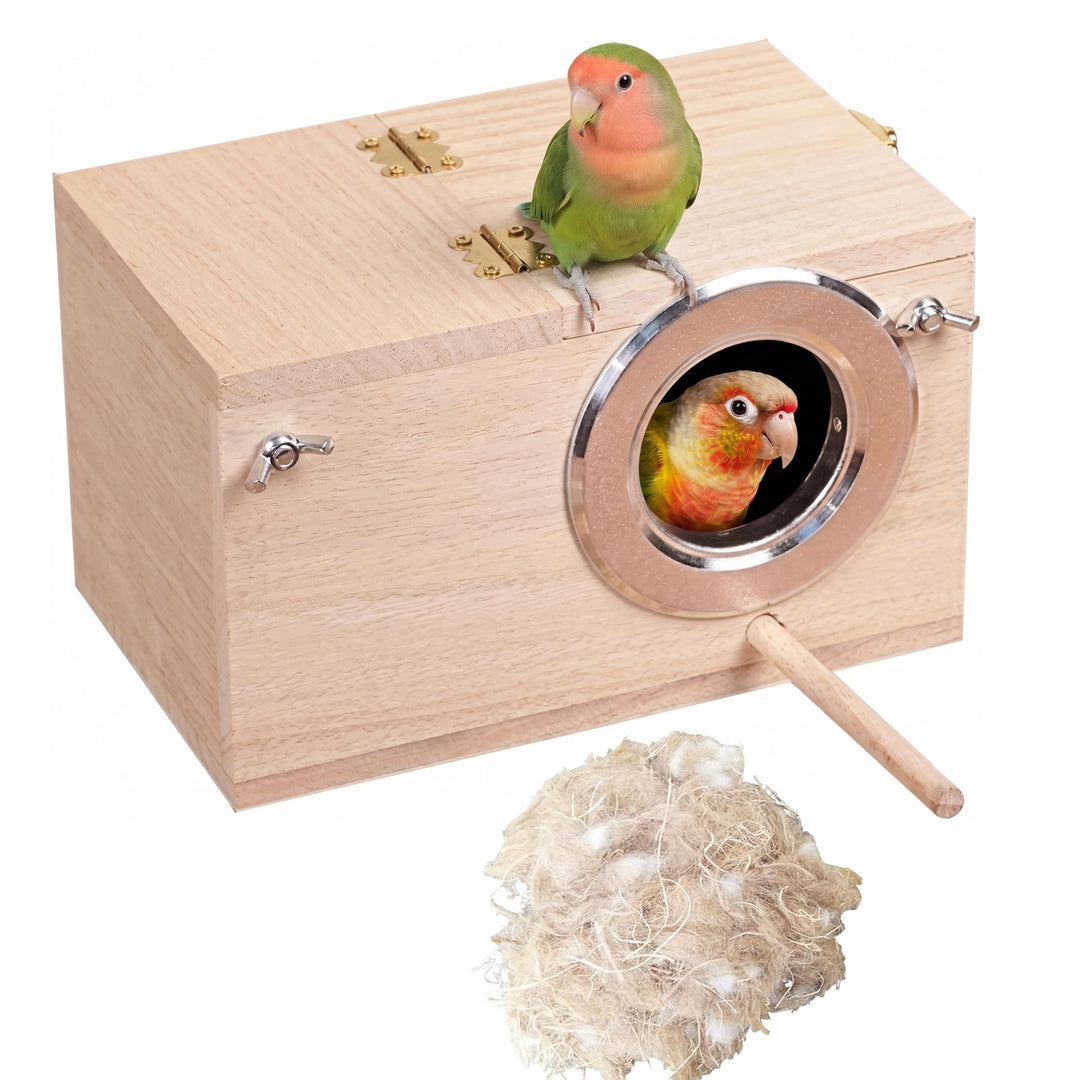 YJJKJ Wood Parakeet Nest Box with Natural Nesting Pads, Breeding Bird Cage House for Lovebirds Cockatiel Parrotlets Budgerigar Small Parrot