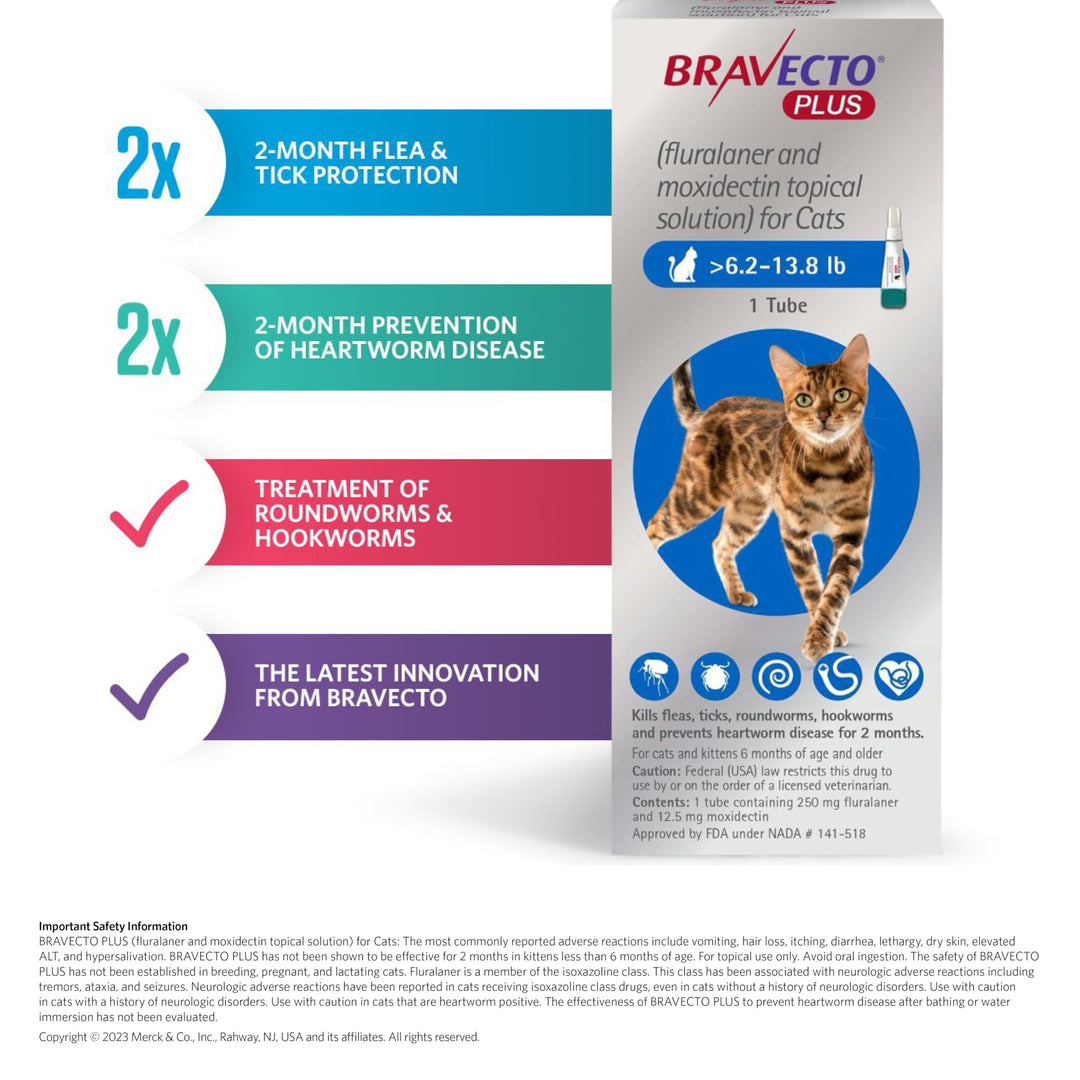 BRAVECTO PLUS Topical Solution for Cats, Flea, Tick &amp; Heartworm, 2 Months Supply, 6.2-13.8 lbs., Blue Box