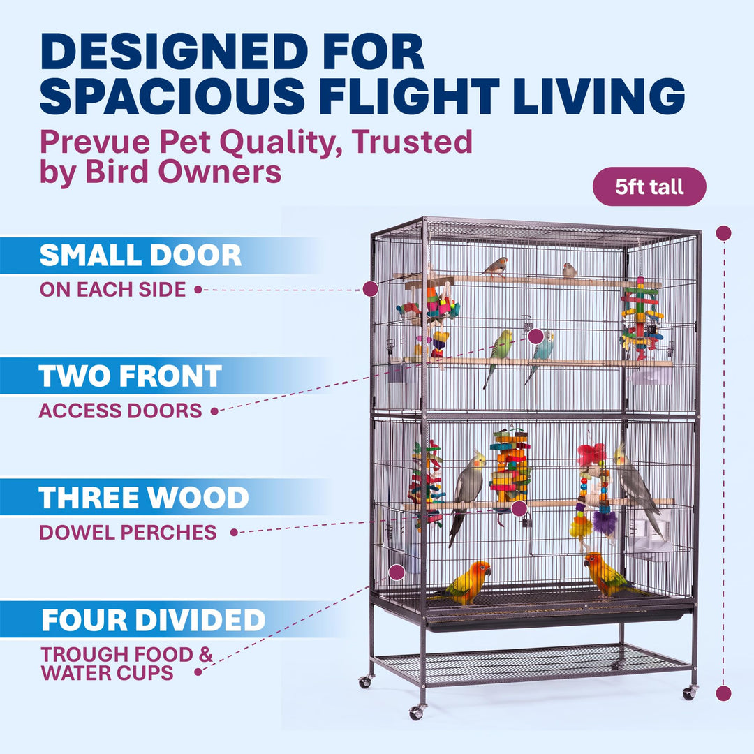 Prevue Hendryx Pet Products Wrought Iron Flight Cage - Big Rolling Bird Cage for Parakeets, Cockatiels, Conures, Lovebirds, Canaries, Finches, Parrotlets, &amp; Caiques, 5 Ft - X-Large, Hammertone Black