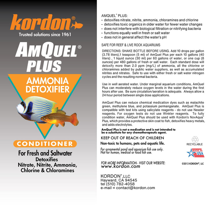 Kordon AmQuel Plus Aquarium Water Conditioner - Instantly Detoxifies Ammonia, Nitrite, Nitrate, and Chlorine Remover for Freshwater &amp; Saltwater Aquariums, 16 Ounces