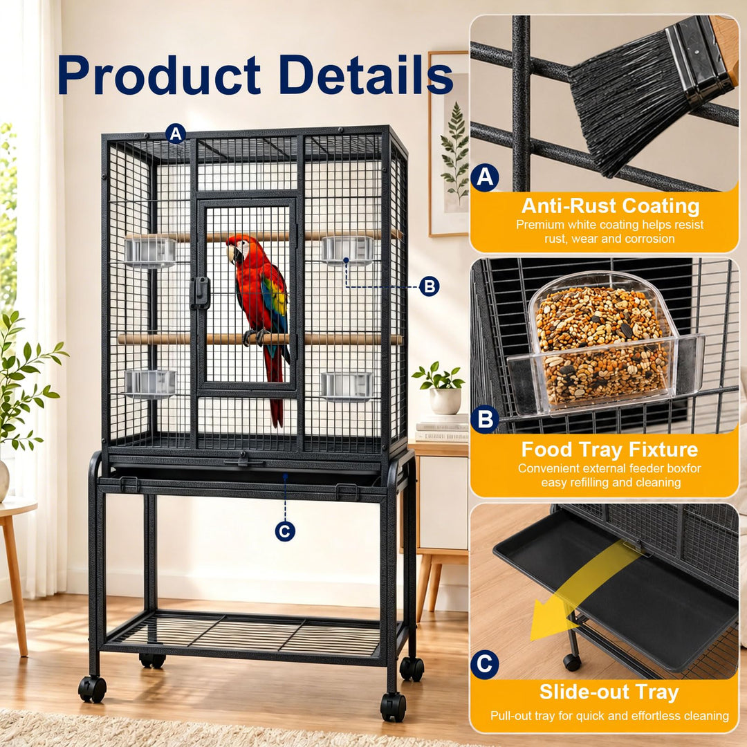 Caetine 54-Inch Bird Cage with Horizontal Wire Design, Wrought Iron Bird Flight Cage with Rolling Stand, and Slide-Out Tray Suitable for Parrot, Cockatiel, Lovebird, Finch, Pigeon.