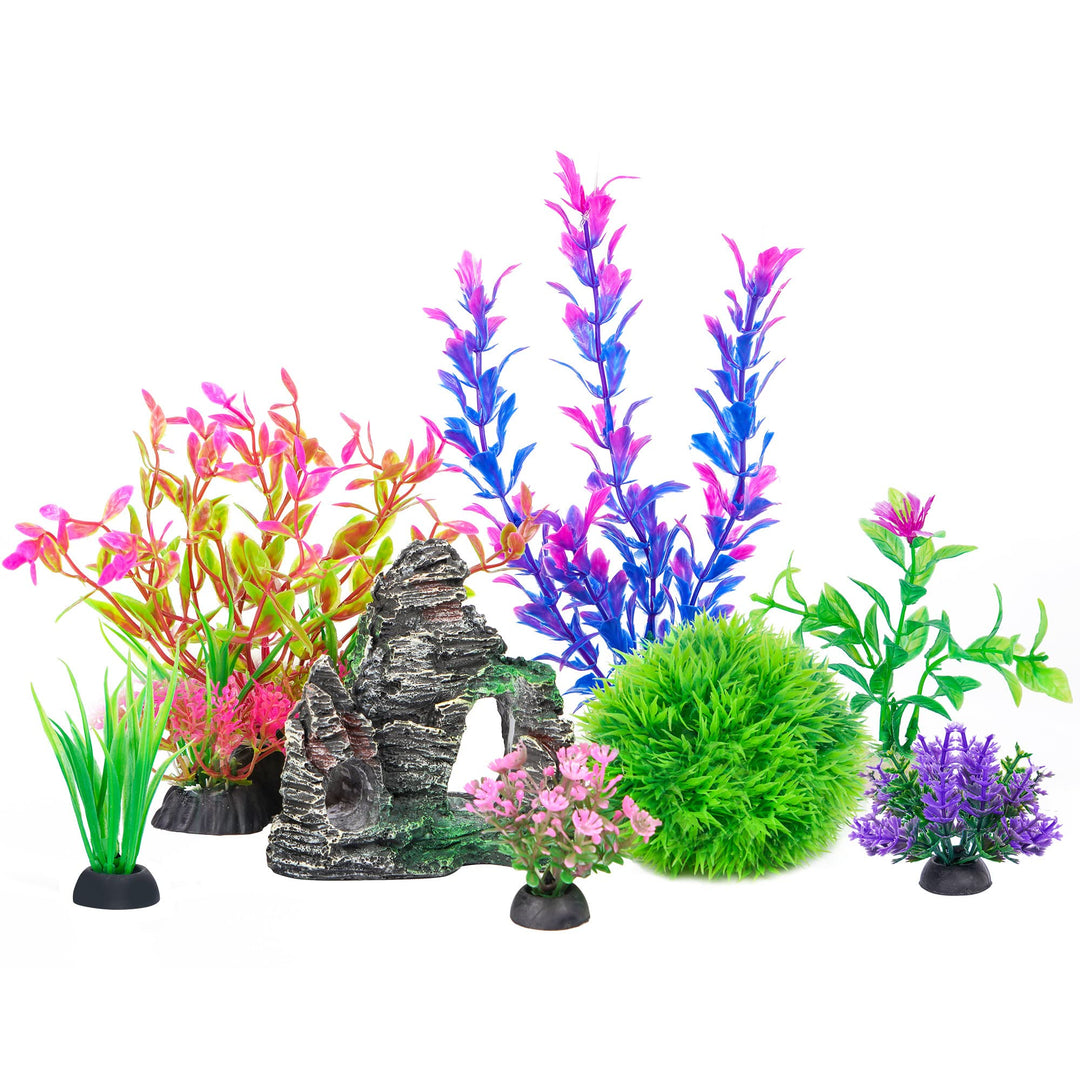Ameliade Aquarium Artificial Plants &amp; Rock Cave Betta Fish Tank Decor Set