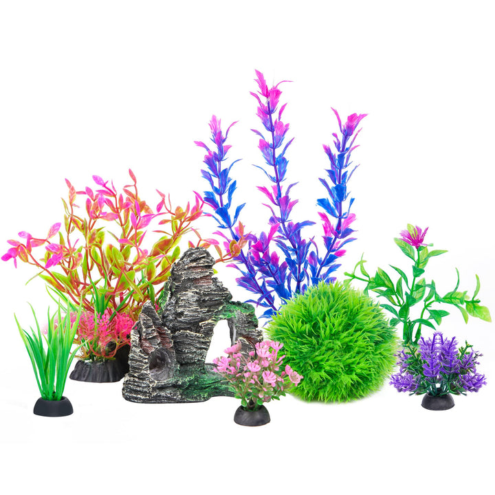 Ameliade Aquarium Artificial Plants &amp; Rock Cave Betta Fish Tank Decor Set