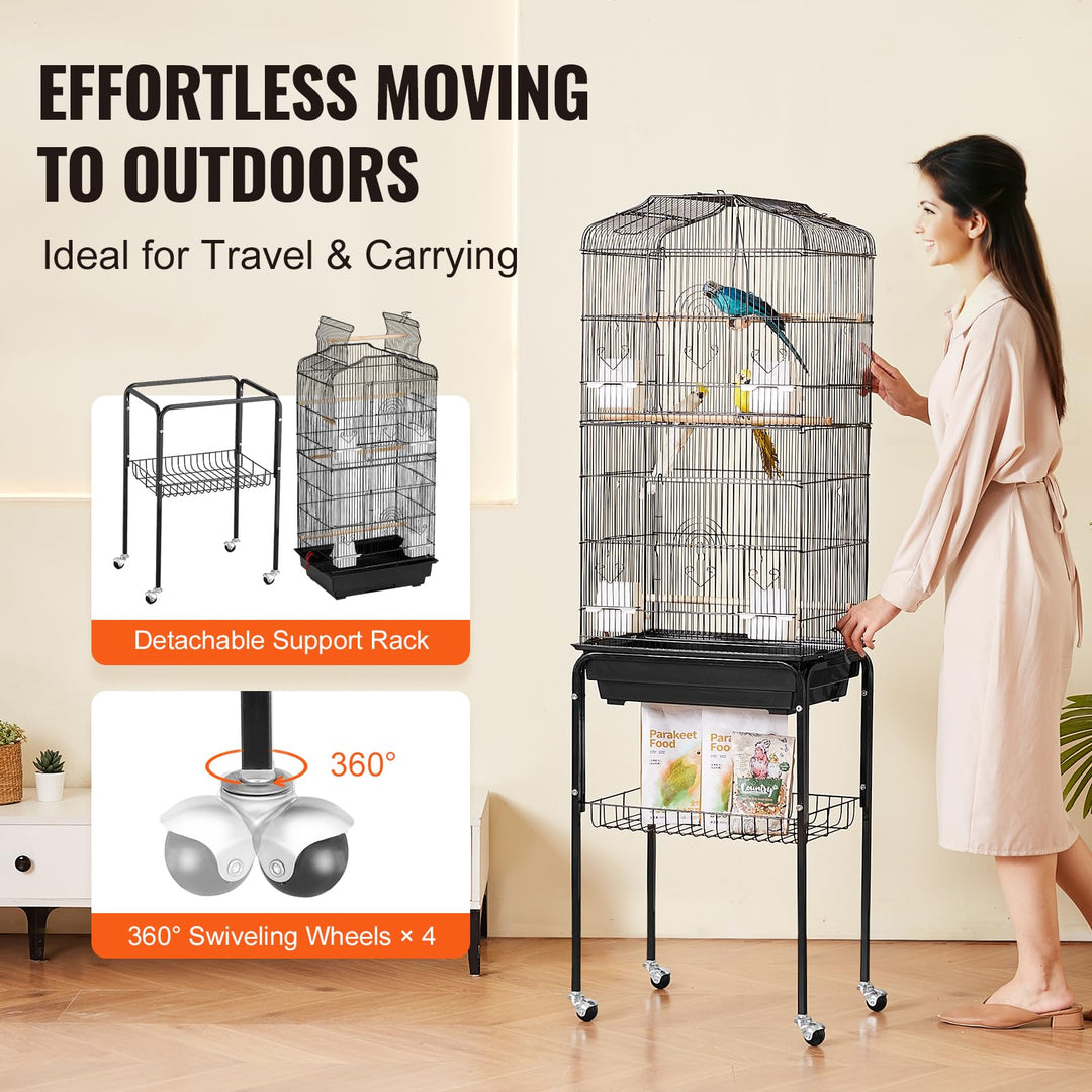 VEVOR 64-inch Open Top Large Parrot Bird Cage with Detachable Rolling Stand for Parakeets Finches Canaries Lovebirds Cockatiels Budgies Small Quaker Conures Flight Birdcage with Swing and Perch