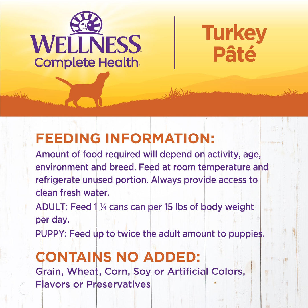 Wellness Complete Health Pate Adult Canned Wet Dog Food, Wholesome Grains, Natural, Turkey and Sweet Potato, 12.5 oz, Pack of 12 Cans