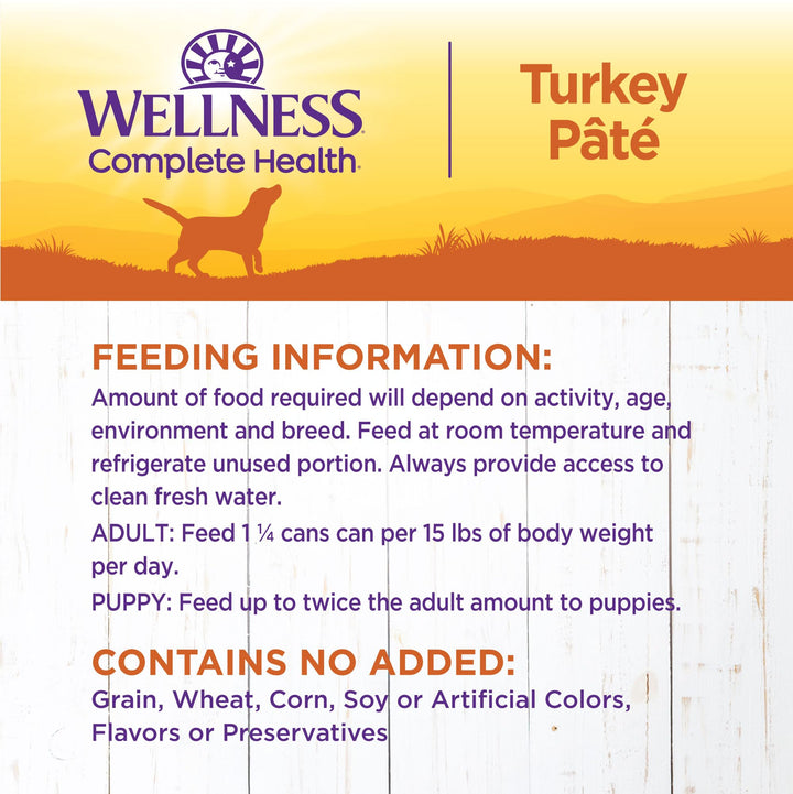 Wellness Complete Health Pate Adult Canned Wet Dog Food, Wholesome Grains, Natural, Turkey and Sweet Potato, 12.5 oz, Pack of 12 Cans