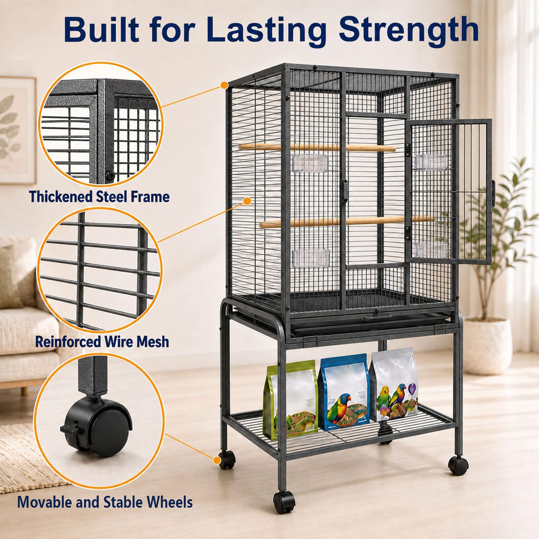Caetine 54-Inch Bird Cage with Horizontal Wire Design, Wrought Iron Bird Flight Cage with Rolling Stand, and Slide-Out Tray Suitable for Parrot, Cockatiel, Lovebird, Finch, Pigeon.