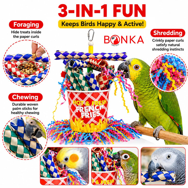 Bonka Bird Toys 2306 French Fries Small Medium Bird Toy Foraging Bamboo Trap Cup Paper Shred Cockatiels Parakeets Conures and Other Similar Sized Birds
