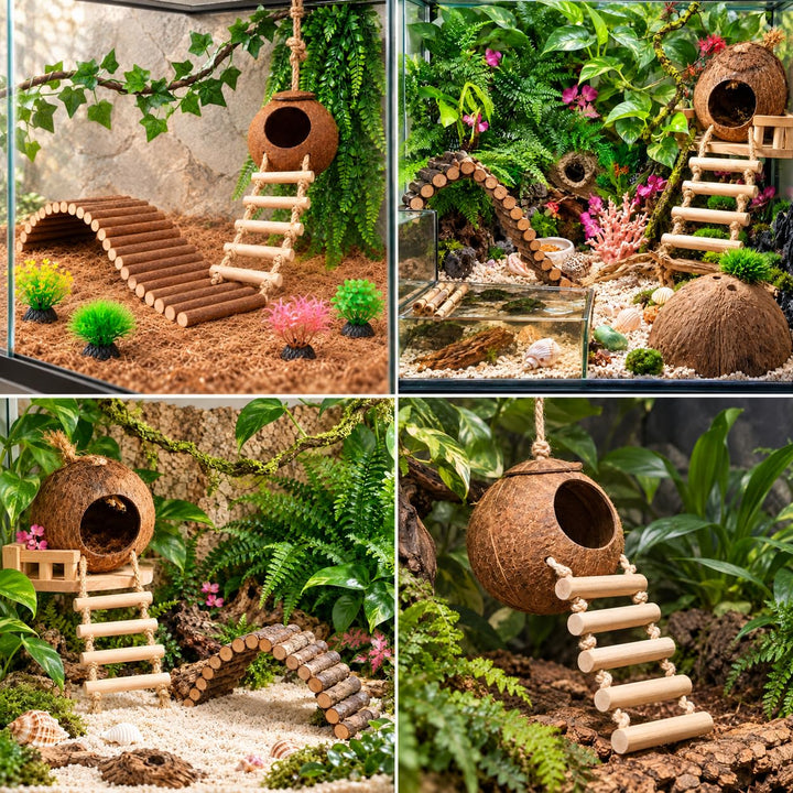 10PCS Crested Gecko Tank Accessories, Reptile Plants Bridge Vines, Coconut Shell with Ladder for Lizard, Chameleon Cage, Snakes, Hermit Crab, Leopard Gecko Tank Accessories, Terrarium Decor