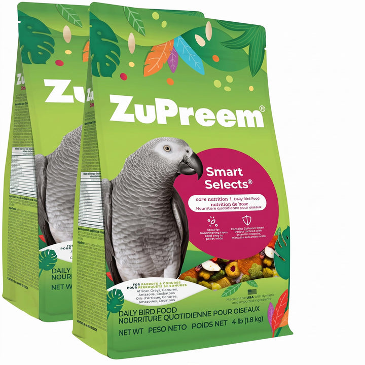 ZuPreem Smart Selects Daily Bird Food for Parrot, Conure, Caique, African Grey, Eclectus, Small Cockatoo, Bird Pellets and Seed Blend, Nutrition for Medium Large Birds, Parrot Food (ML, 4 lbs)