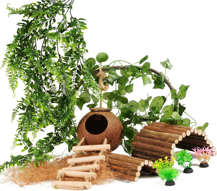 10PCS Crested Gecko Tank Accessories, Reptile Plants Bridge Vines, Coconut Shell with Ladder for Lizard, Chameleon Cage, Snakes, Hermit Crab, Leopard Gecko Tank Accessories, Terrarium Decor