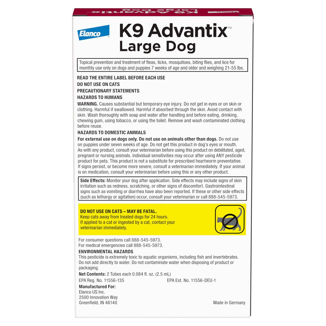 K9 Advantix Flea, Tick &amp; Mosquito Prevention for Dogs 21-55 lbs. | Flea Drops for Large Dogs | Apply Monthly | 4 Treatments (Pack of 2)
