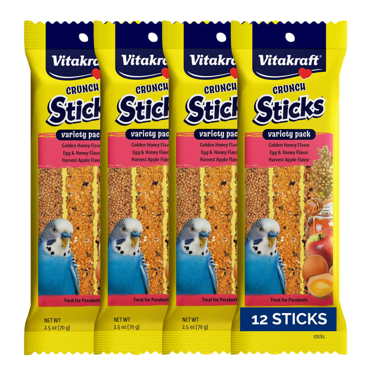 Vitakraft Crunch Sticks Parakeet Treat - Triple-Baked Millet Parakeet Treats with Natural Wood Center - Crunchy &amp; Nutritious Bird Treat Sticks for Small Animals (12 Count, Honey, Egg, and Apple)