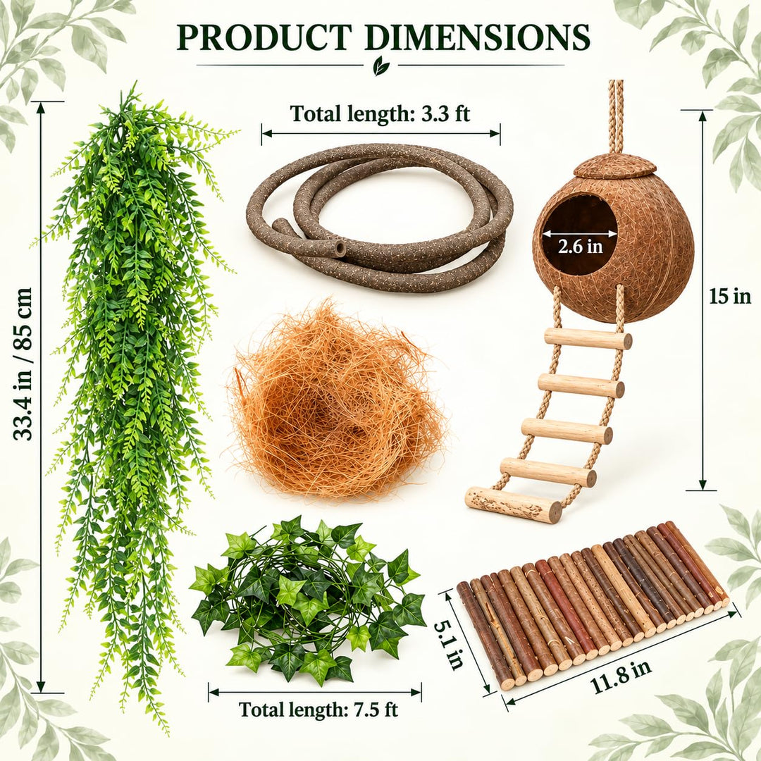 10PCS Crested Gecko Tank Accessories, Reptile Plants Bridge Vines, Coconut Shell with Ladder for Lizard, Chameleon Cage, Snakes, Hermit Crab, Leopard Gecko Tank Accessories, Terrarium Decor