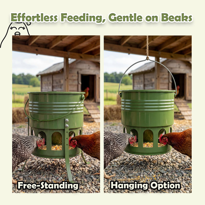 Metal Chicken Feeder No Waste - 20LB Large Chicken Feeder with 12 Ports &amp; 4 Adjustable Heights Tripod Stand, Automatic Hanging Poultry Feeder, Rainproof for Backyard Chickens &amp; Small Flocks