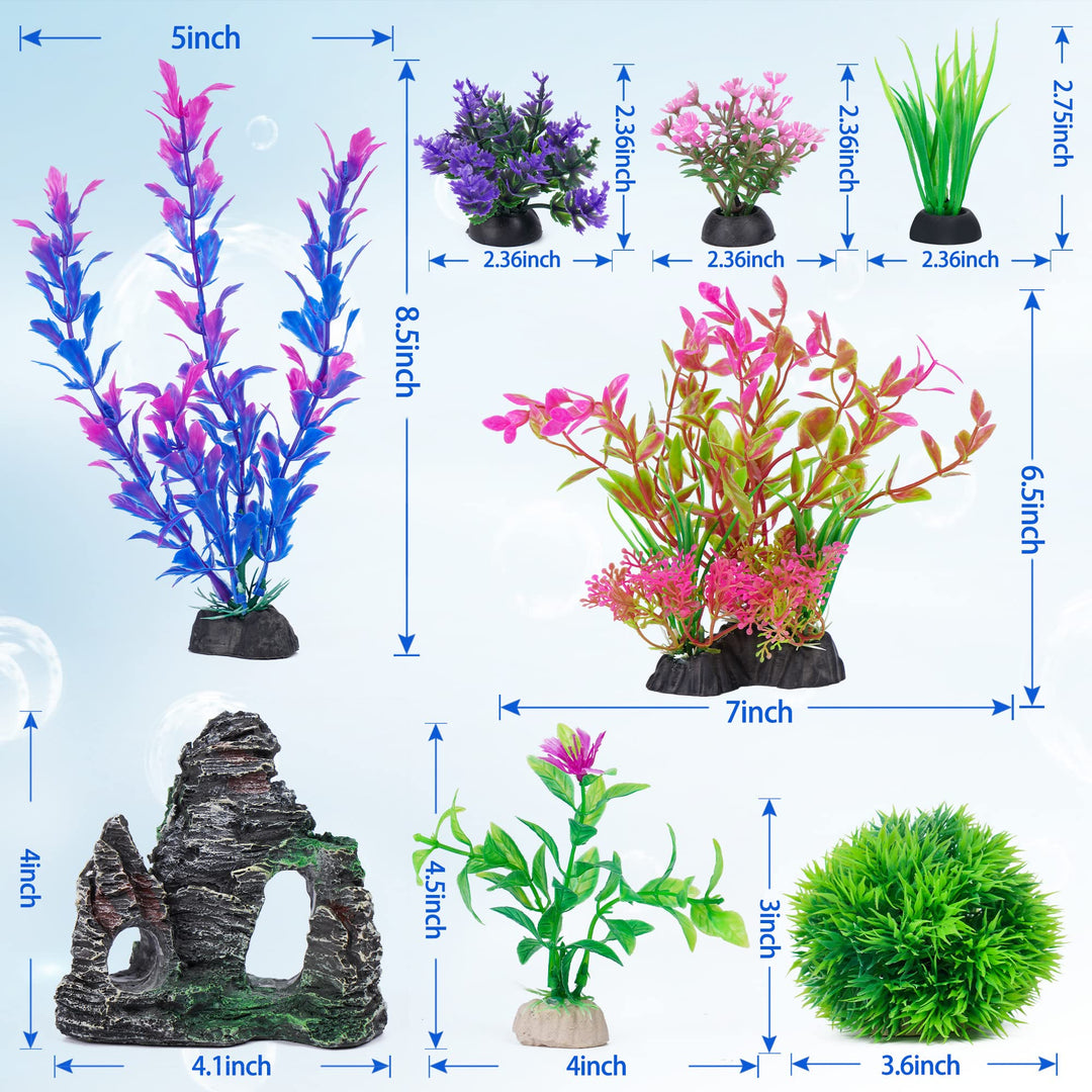 Ameliade Aquarium Artificial Plants &amp; Rock Cave Betta Fish Tank Decor Set