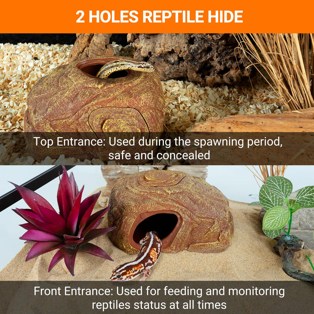 REPTI ZOO Gecko Hide Cave, 2 in 1 Snake Reptile Hideout for Hide &amp; Rest &amp; Breed &amp; Feeding, Reptile &amp; Amphibian Habitat Decor for Corn Snake, Small Snake, Ball Python, Crested Gecko, Leopard Gecko