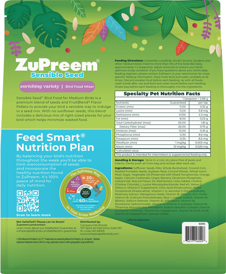 ZuPreem Sensible Seed Cockatiel &amp; Conure Food, Variety Mixer, Medium, 2 lb