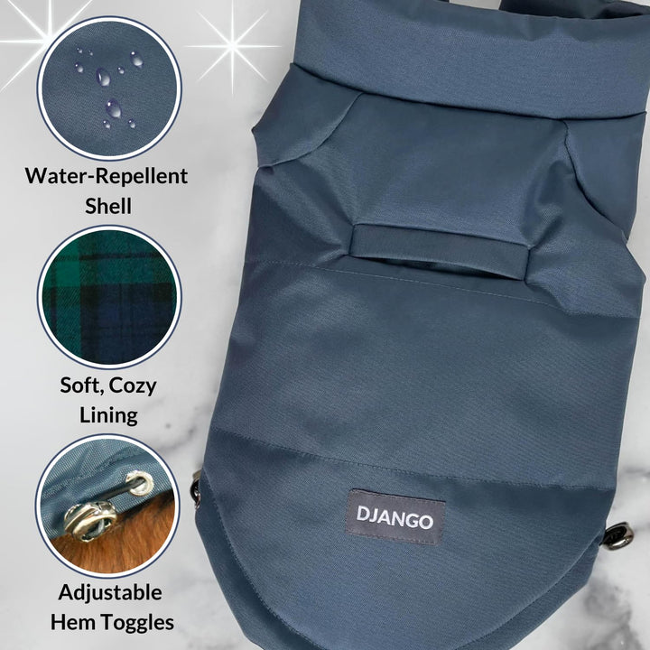 DJANGO Reversible Puffer Dog Coat &amp; Warm Winter Jacket - Blue, Medium
