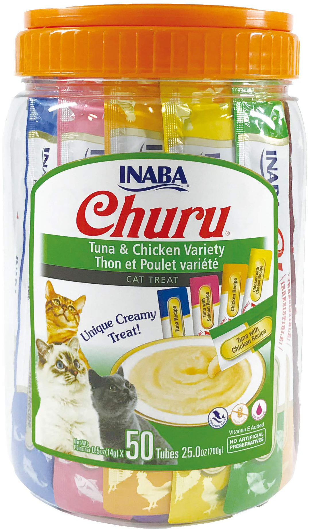 INABA Churu Cat Treats, Grain-Free, Lickable, Squeezable Creamy Purée Cat Treat/Topper with Vitamin E &amp; Taurine, 0.5 Ounces Each Tube, 50 Tubes, Tuna &amp; Chicken Variety