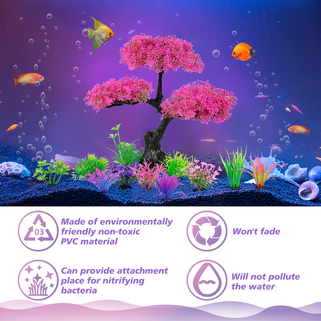 Ameliade Pink Artificial Plastic Tree Aquarium Plants Decor Set, 11PCS