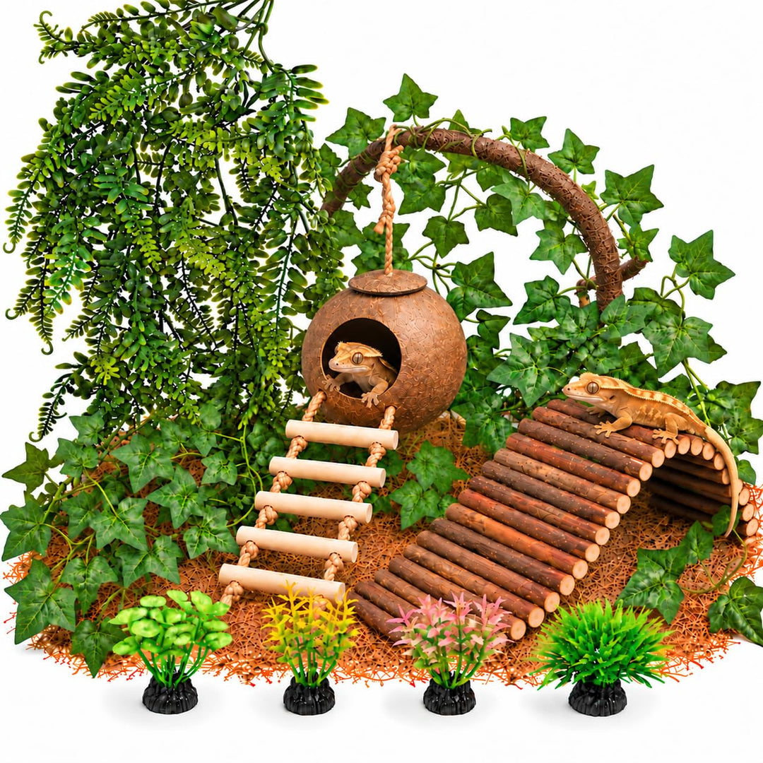 10PCS Crested Gecko Tank Accessories, Reptile Plants Bridge Vines, Coconut Shell with Ladder for Lizard, Chameleon Cage, Snakes, Hermit Crab, Leopard Gecko Tank Accessories, Terrarium Decor
