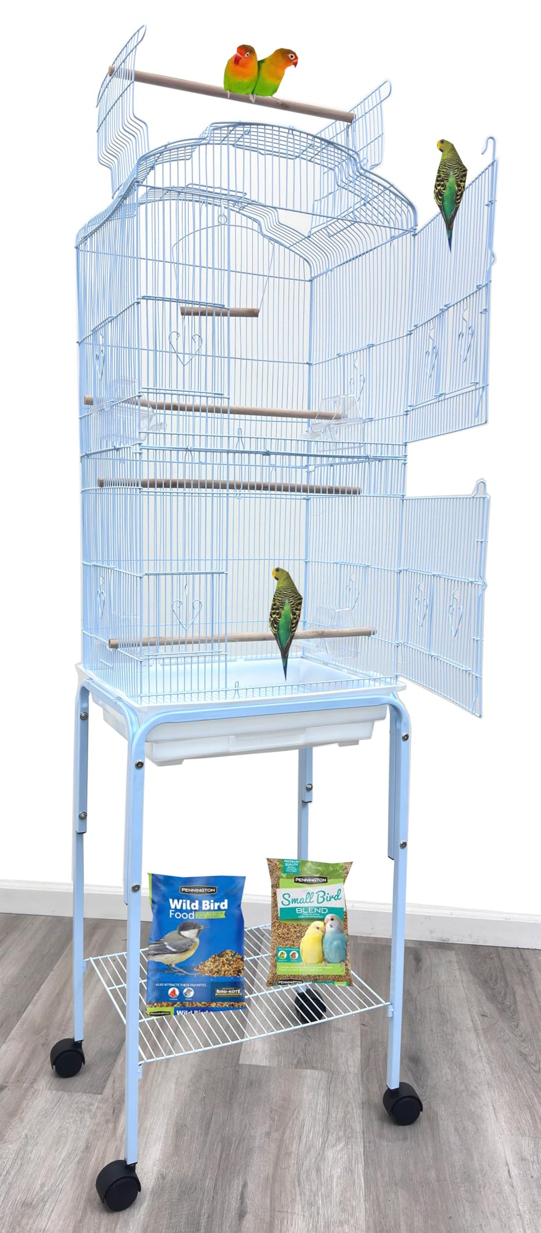 Large Open/Close Top Bird Cage Side Breeding Nest Box Doors Easy Clean Pull Out Tray Clear Feeder Cups for Canary Parakeet Cockatiel Lovebird Finches with Removable Rolling Stand