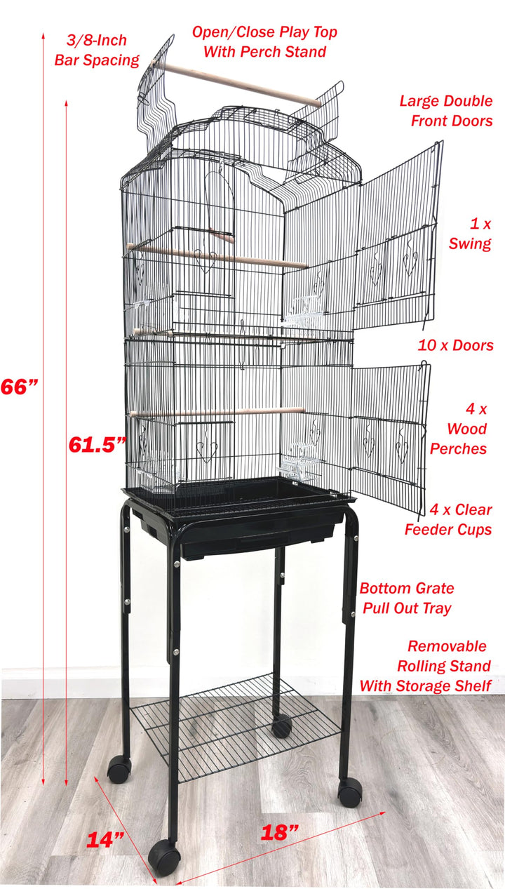 Large Open/Close Top Bird Cage Side Breeding Nest Box Doors Easy Clean Pull Out Tray Clear Feeder Cups for Canary Parakeet Cockatiel Lovebird Finches with Removable Rolling Stand