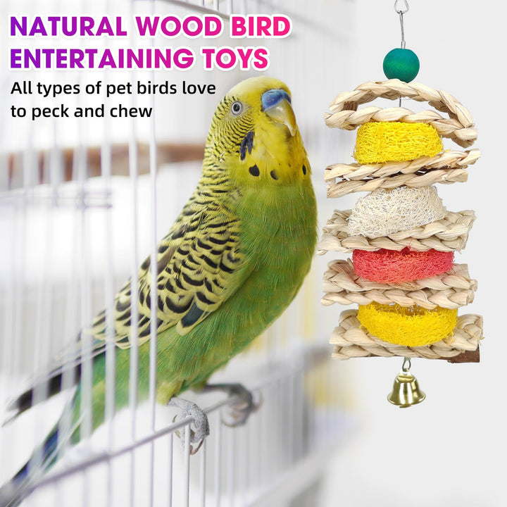 JOREWOOD 7 Pcs Natural Wood Bird Toy &amp; Perch for Parakeets, Cockatiel &amp; Lovebird, Budgie Play Accessory for Small Parrots Indoor Cage