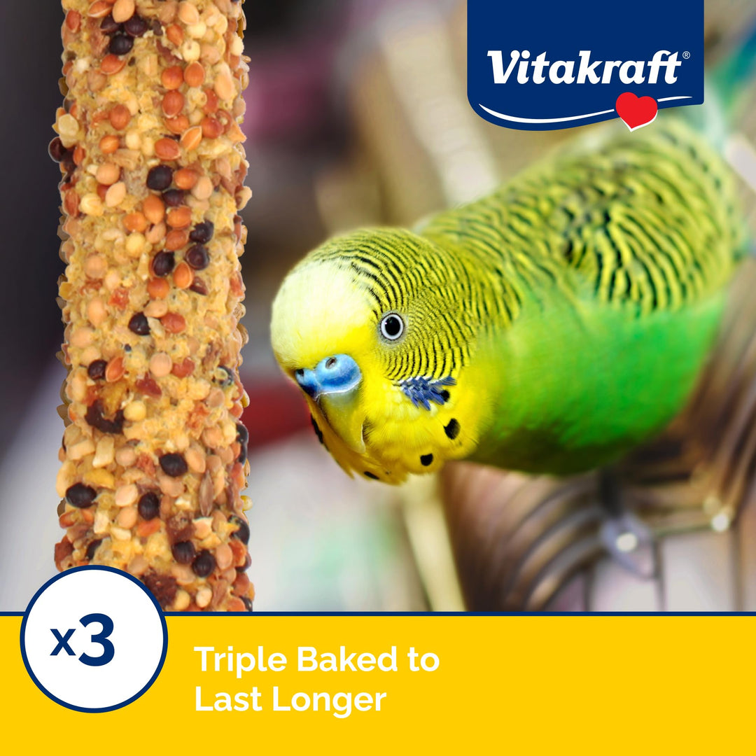 Vitakraft Crunch Sticks Parakeet Treat - Triple-Baked Millet Parakeet Treats with Natural Wood Center - Crunchy &amp; Nutritious Bird Treat Sticks for Small Animals (12 Count, Honey, Egg, and Apple)