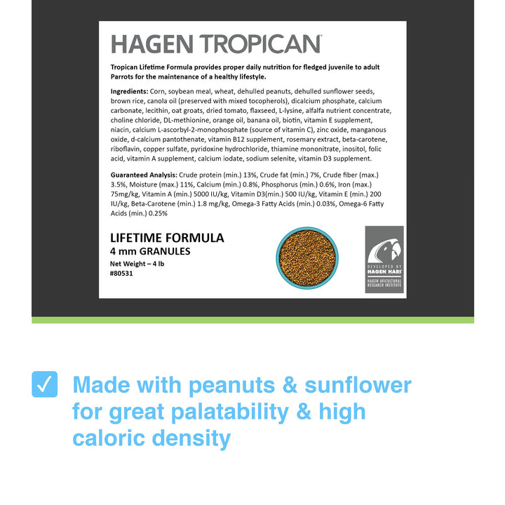 Hagen Tropican Lifetime Formula Parrot Food, 4 lb.