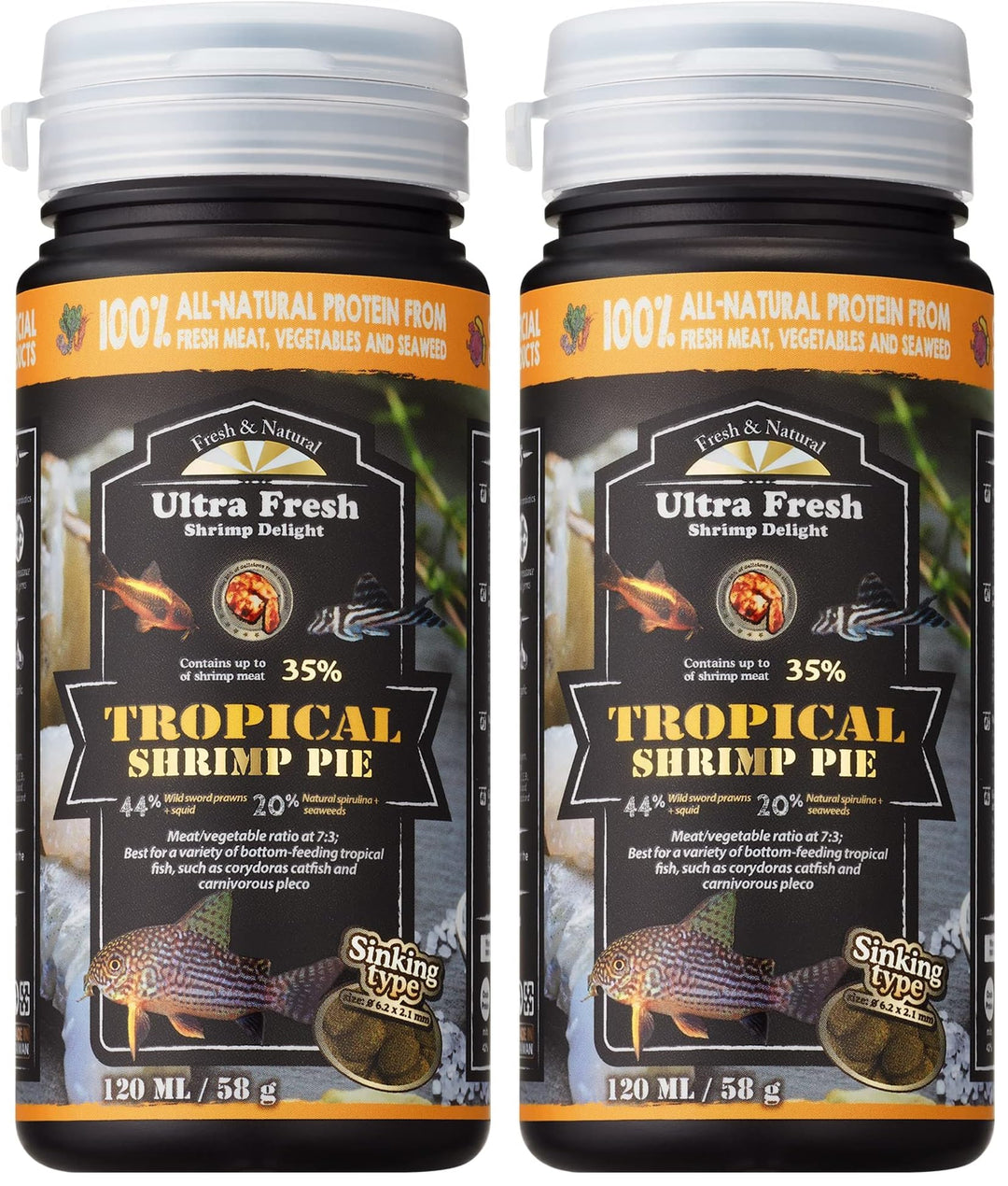 Ultra Fresh Bottom Feeder Fish Food, Sword Prawns, Natural Protein, Balanced Diet, for Catfish, Corydoras, Loaches, Tropical Shrimp Pie 2.05 Ounces (Pack of 2)