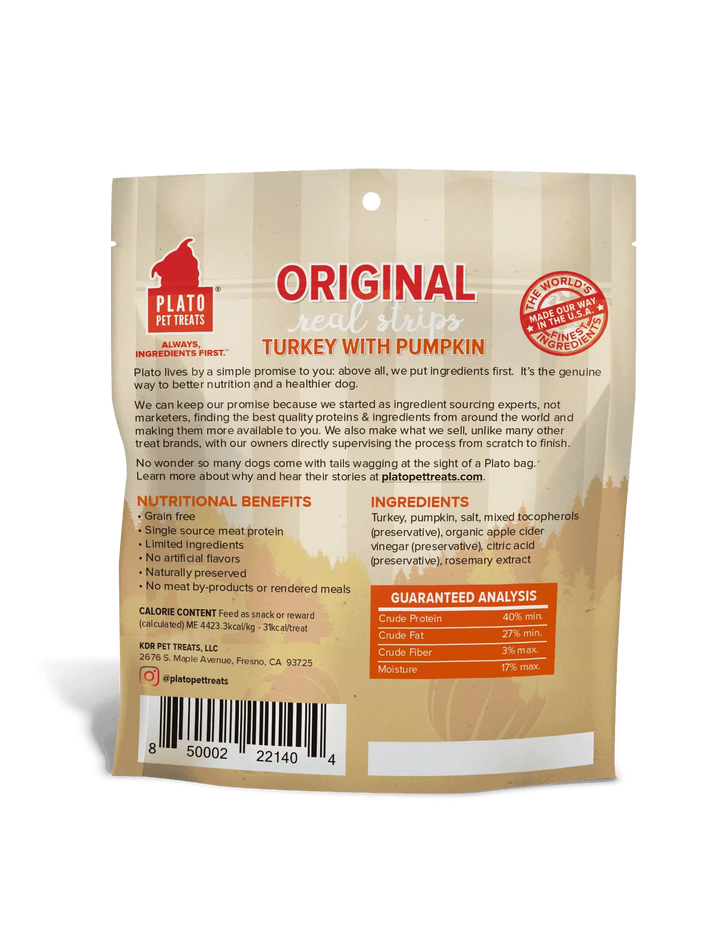 Plato Dog Strp Grain Free Turkey Pumpkin 3oz.