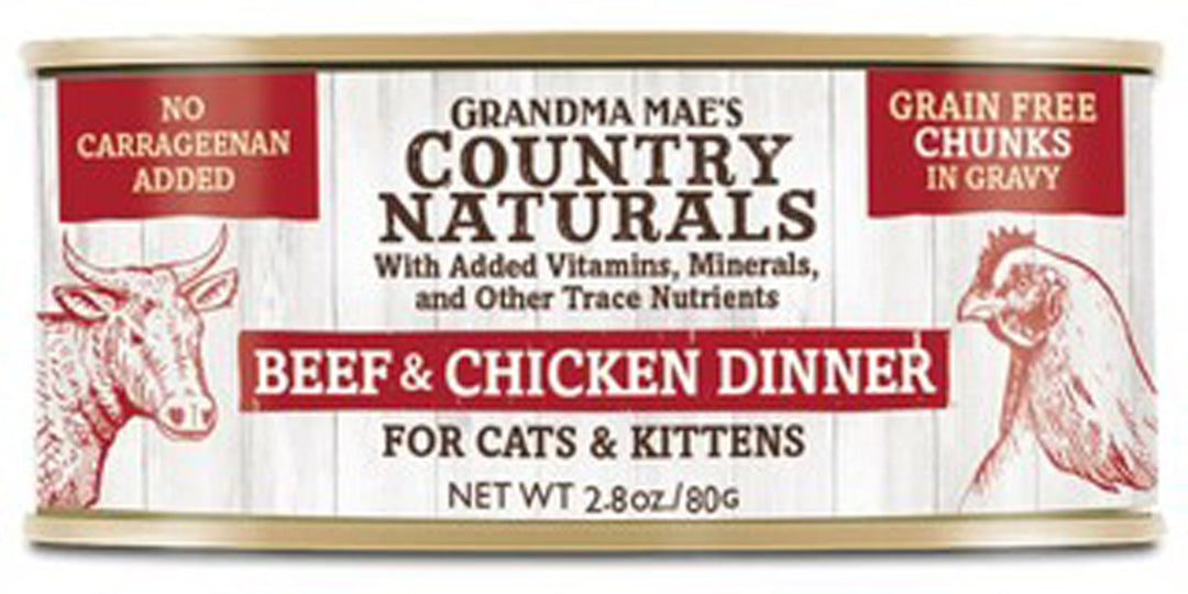 Grandma Mae's Country Naturals Grain Free Chunks in Gravy Wet Cat & Kitten Food Beef & Chicken 2.8oz 24pk