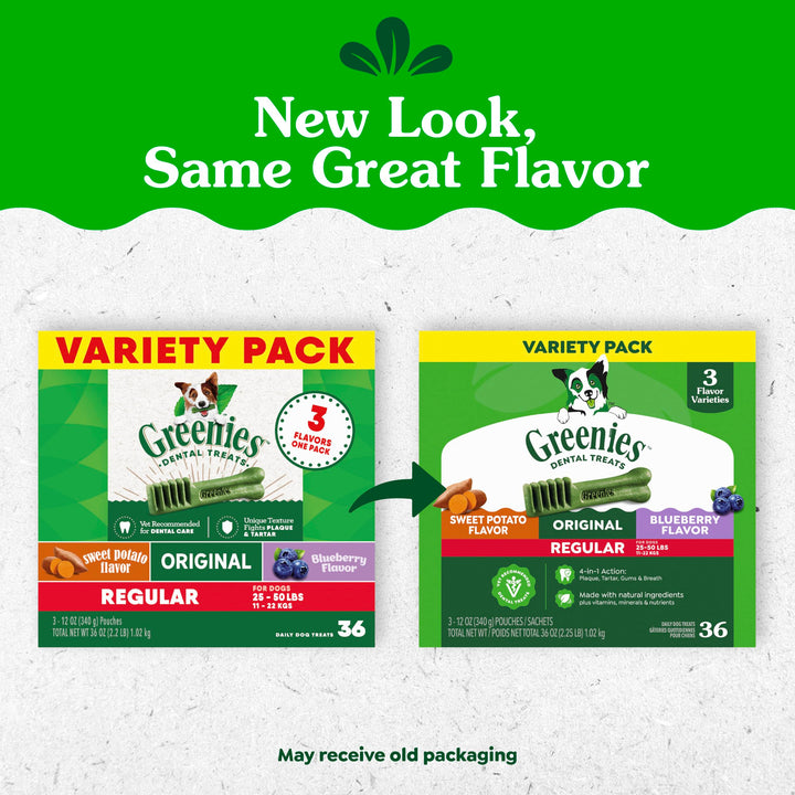 Greenies Regular Natural Dental Dog Treats, Flavor Variety Pack, 36 Count