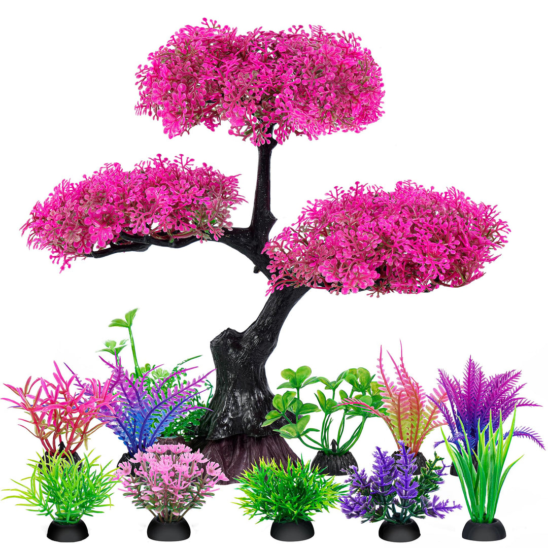 Ameliade Pink Artificial Plastic Tree Aquarium Plants Decor Set, 11PCS