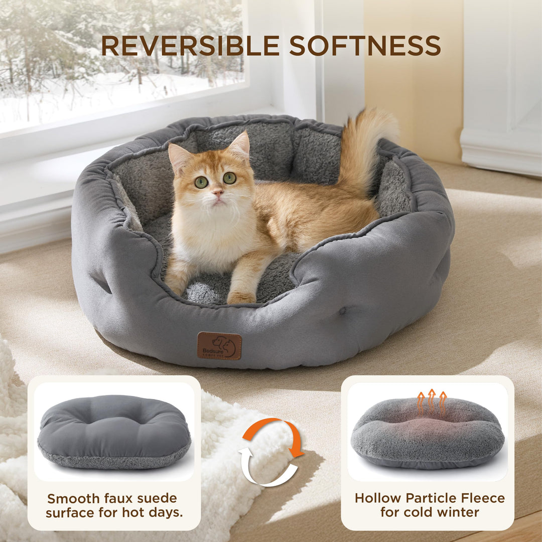 Bedsure Self Warming Cat Bed,Round Washable Small Dog Bed, 20In Grey