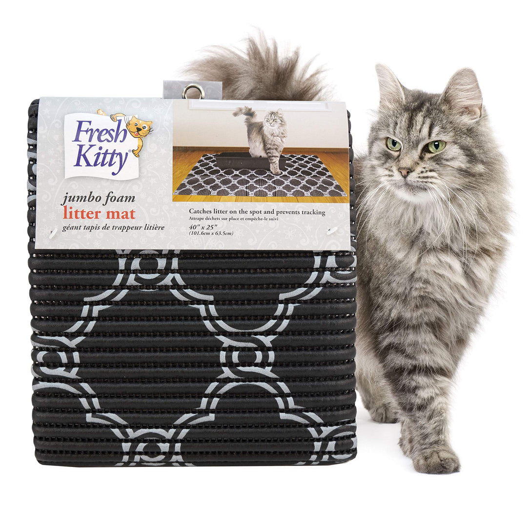 Fresh Kitty Durable XL Jumbo Foam Litter Box Mat – No Phthalate, Water Resistant, Traps Litter from Box, Scatter Control, Easy Clean Mats – Black &amp; White 40"x 25", Black/White Quatrefoil (9036)